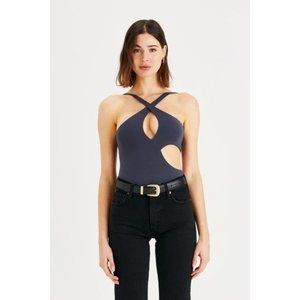 I Am Not Basic Shirt Womens XS Black Natalie Bodysuit Cutout Sleeveless Tank Top